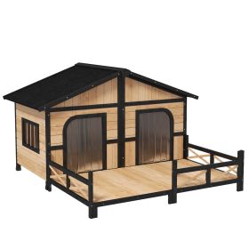 59x64x39 Large Wooden Dog House Raised Weatherproof Rustic Log Cabin Style Elevated Pet Shelter Porch Deck, Natural (Option: Black)